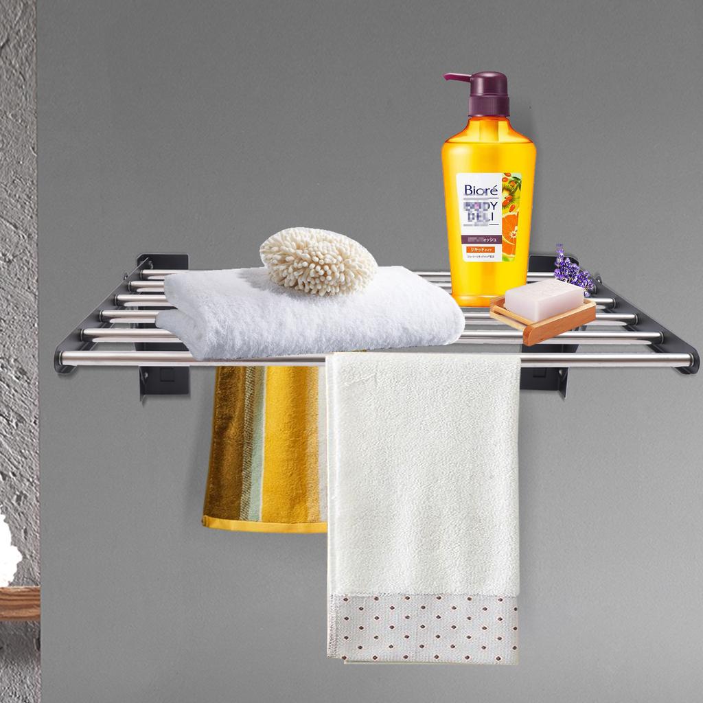 Stainless Steel Shower Caddy, Single Layer Bathroom Shelf Storage Rack Organizer, Wall-Mounted Towel Holder, 20kg Load Capacity