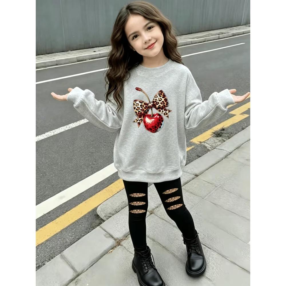 Girls' Leopard Cherry Casual Comfortable Soft Loose Pullover Sweatshirt and Leggings 2-Piece Set, New Autumn/Winter, Playful, Sweet and Cool Style