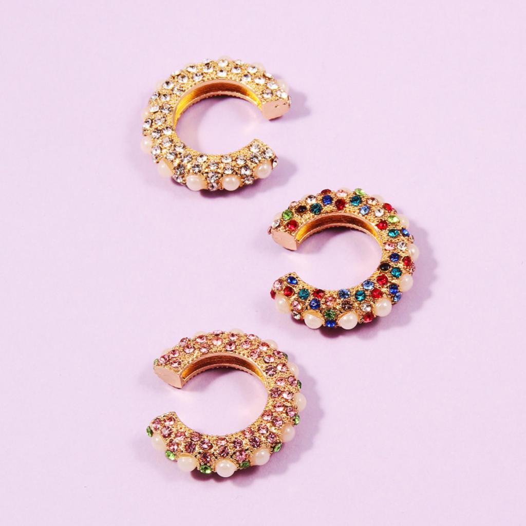 Clipsuri de urechi retro metalice colorate, încrustate cu diamante, fără urechi