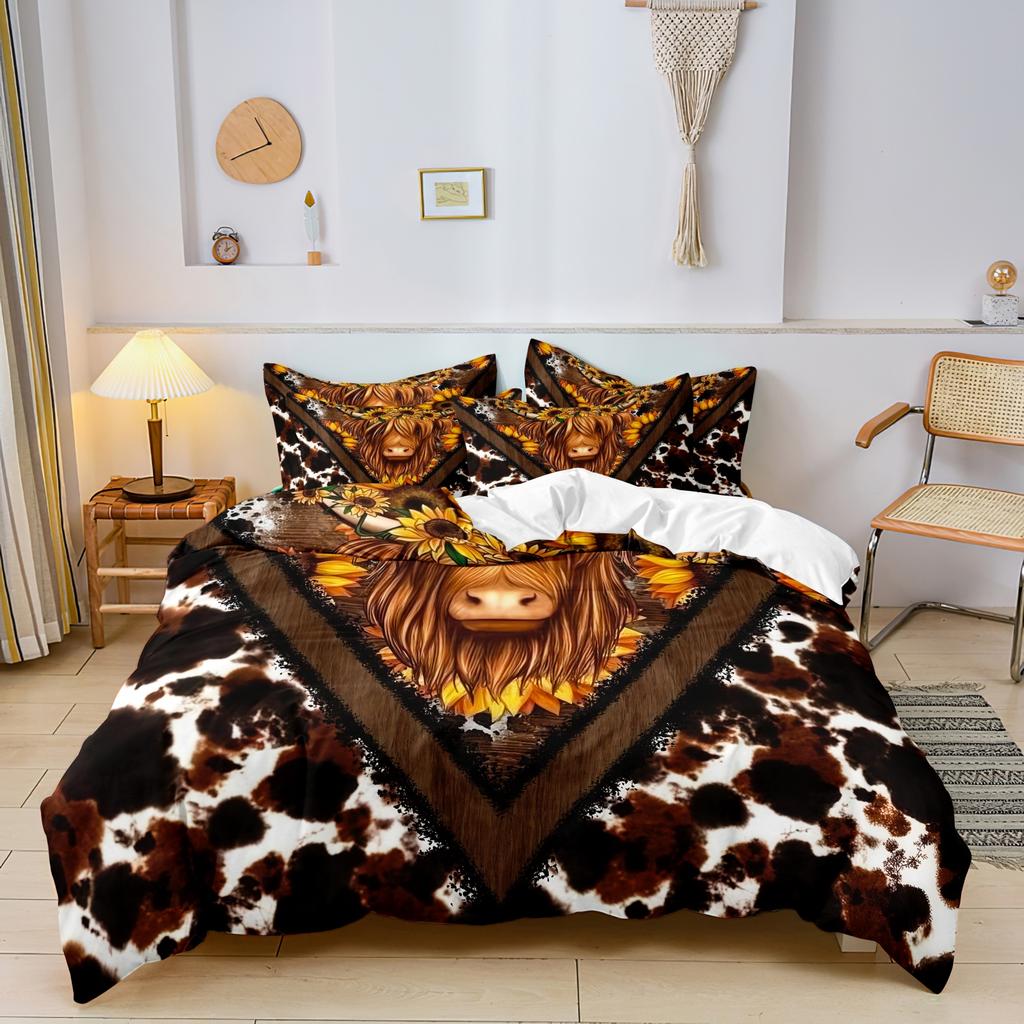 3pcs Highland Cow Pattern Duvet Cover Set Fabric With Digital Animal Print 1 Duvet Cover And 2 Pillowcases (No Quilt)
