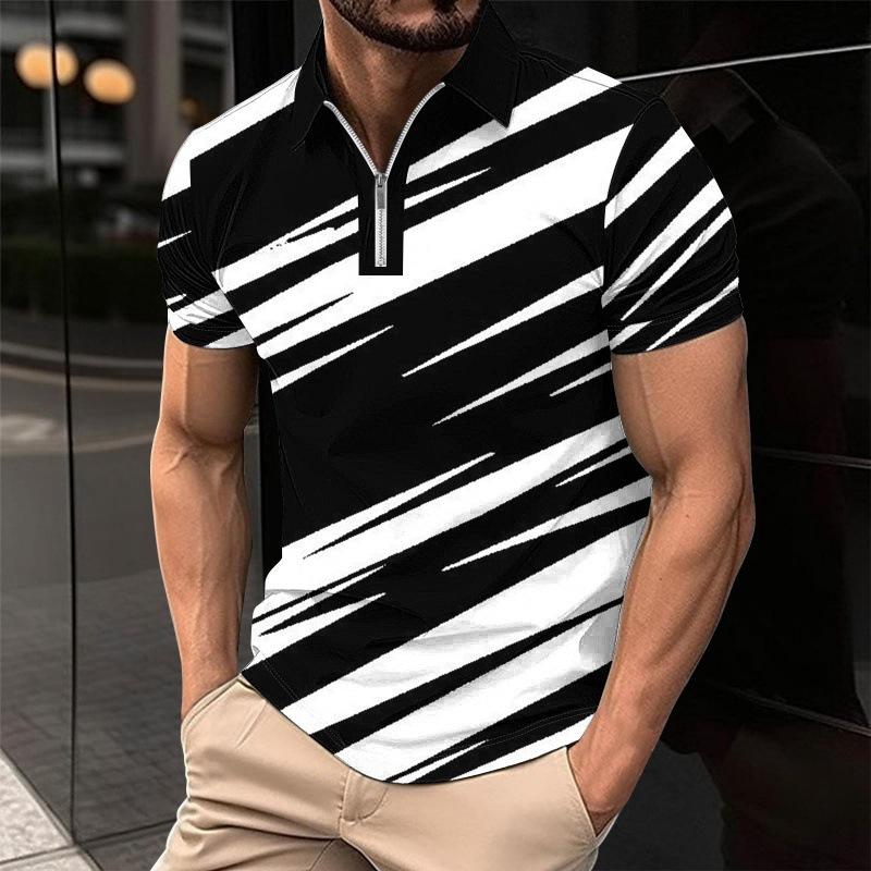 Plus Size Men's Clothing Striped Polos T-Shirts Summer Short Sleeve 3d Printed Streetwear Male Zippers POLO Tee Casual Tops
