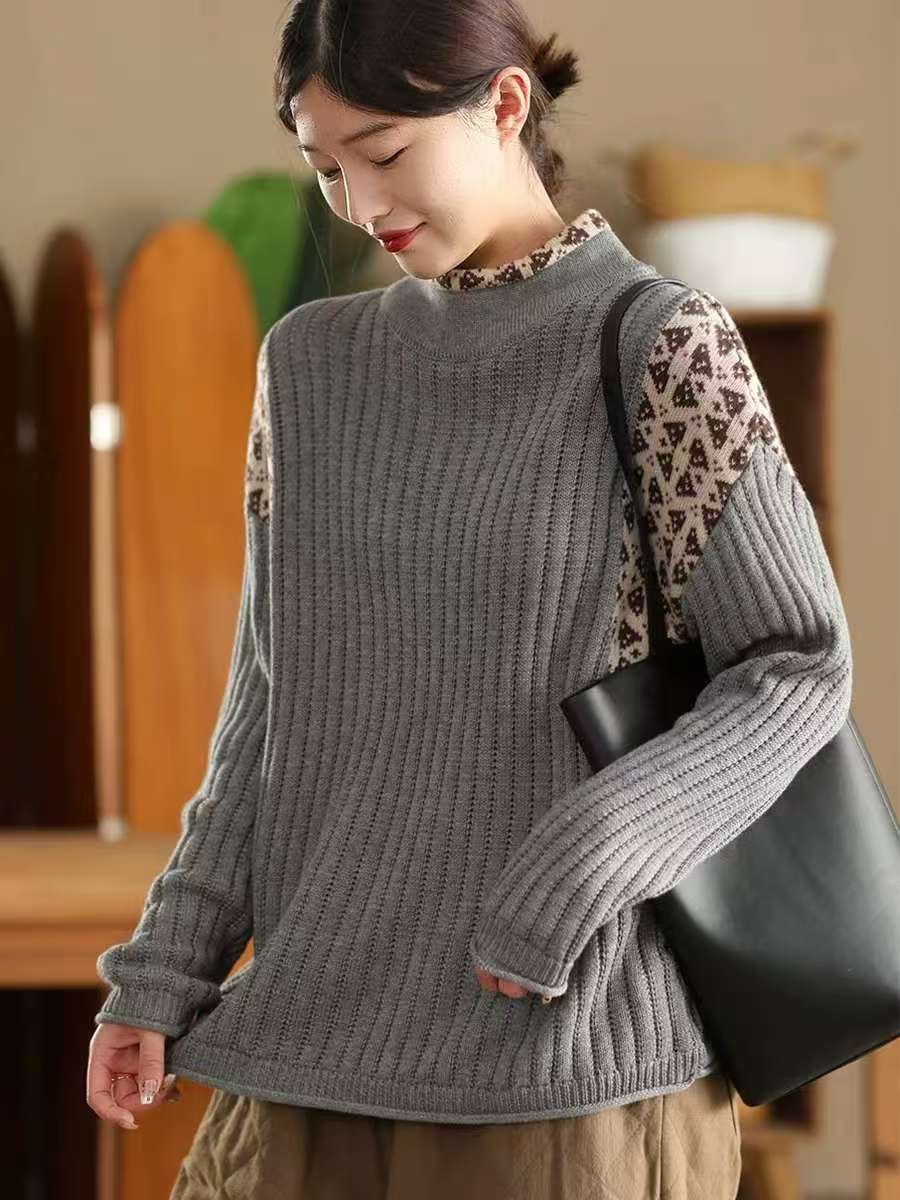 

Johnature Женские винтажные свитера-пуловеры с воротником-стойкой и длинным рукавом в стиле пэчворк, цветные весенние вязаные мягкие свитера One Size серый