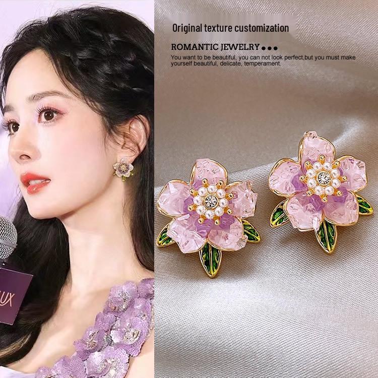 Yang Mi Style Camellia Crystal Stud Earrings - Luxurious Korean-Inspired and Versatile Accessories for Women