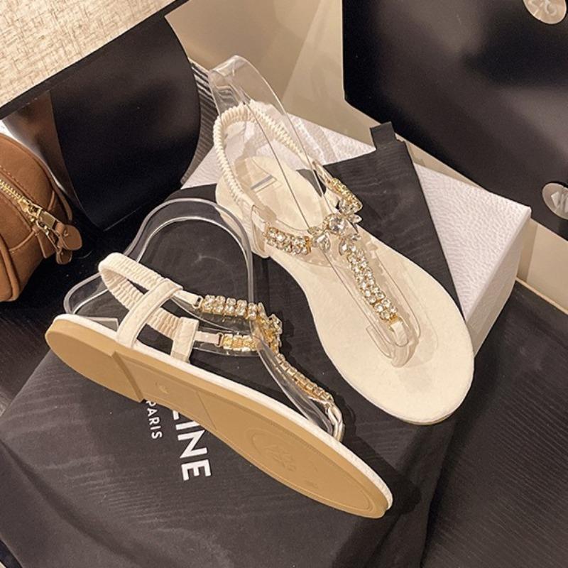 Fashion Fashion Women Sandals Summer Pinch Toe Casual Flat Sandals Luxury Rhinestone Fairy Style Sandals for Women Roman Beach Sandalias
