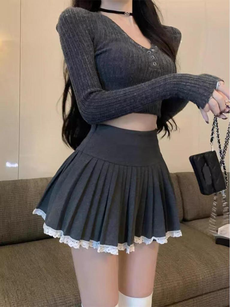 Autumn/Winter Slim V-Neck Sweater & Pleated A-Line Skirt Set
