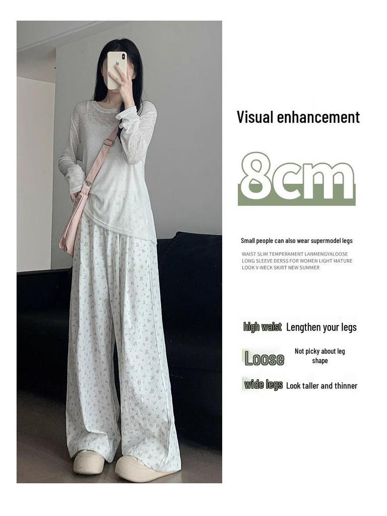 Women's White Floral High-Waist Wide-Leg Summer Pants - Loose Fit, Petite Size