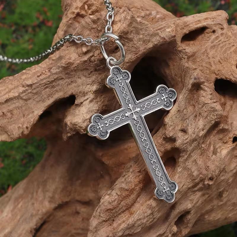 Gothic Rune Cross Sweater Chain Fashion Retro Cross Plaid Flower Necklace 60CM