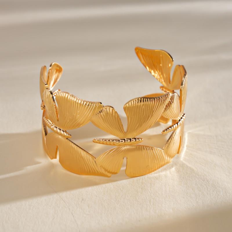 Vintage Ginkgo Leaf Butterfly Open Cuff Bangle Gold Silver Wide Statement Bracelet For Women Boho Party Jewelry