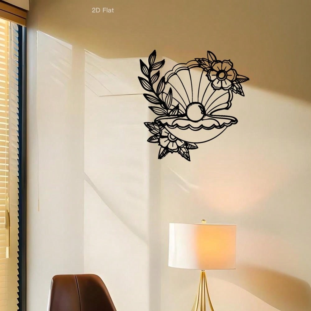 Metall-Wandkunst Florale Muschel Laserschnitt Eisen Schwarze Perle Akzent Rustikales Botanisches Dekor Wohnzimmer Schlafzimmer Elegantes Zuhause Geschenk