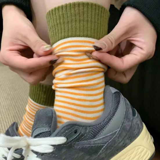Women Retro Striped Socks Color-Block Fine Stripes Crew Socks Breathable Casual Cotton Socks for Sports Daily Errands Commuting