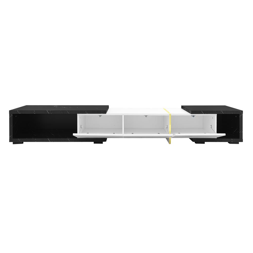 Modern TV Cabinet with variable length (140-260 cm), rotating function, black marble look, white high-gloss matte finish and golden decorations