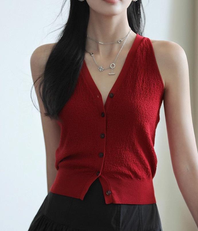 1116 New Hong Kong style vest, retro V-neck red suspender, shoulder-cut vest, women's waist cool knitted short top