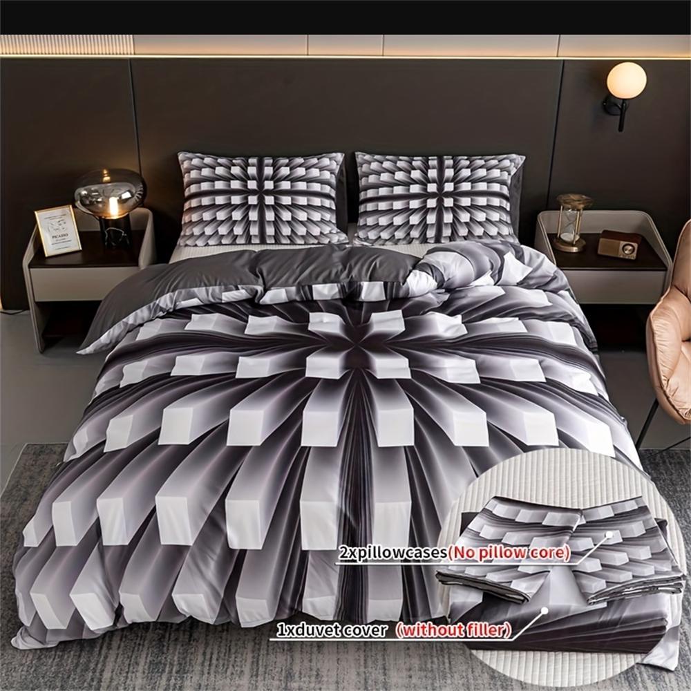 3dílná sada povlaku na přikrývku, Trojrozměrná černo-bílá ložní souprava, Měkký pohodlný povlak na přikrývku, Do ložnice, Pokoje pro hosty