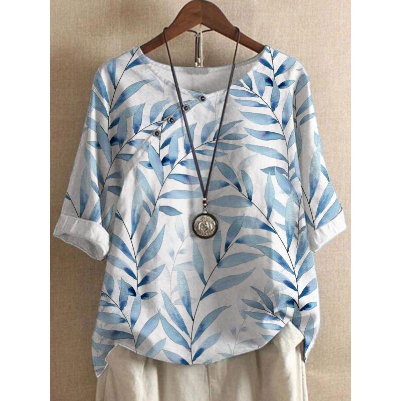 Women s Blue Leaf Print Blouse With Diagonal Button Placket M белый
