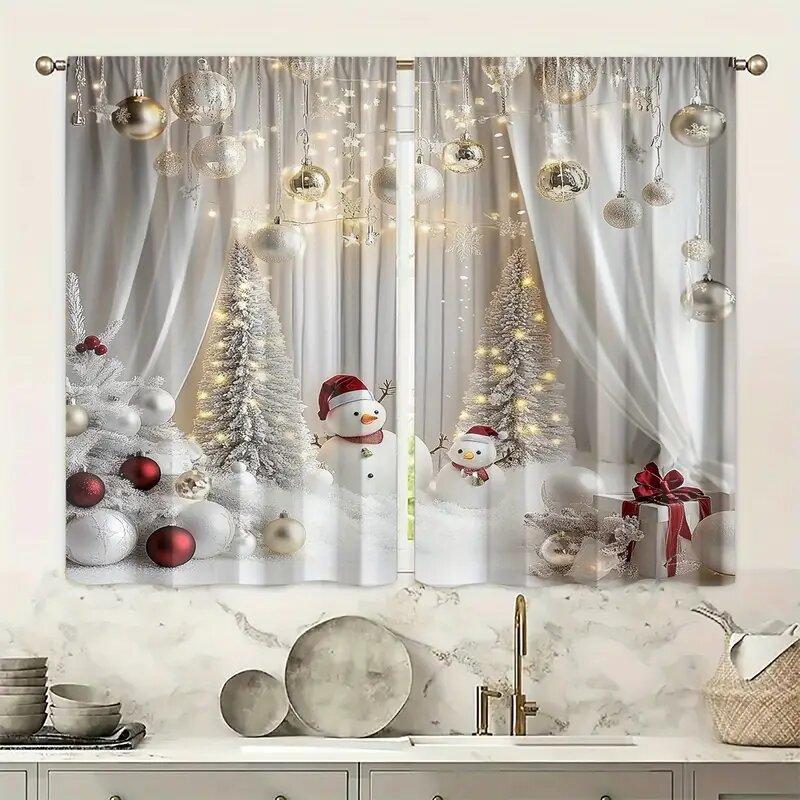 2 pieces - Christmas printed curtains with snowman and tree patterns   home decoration   room decoration