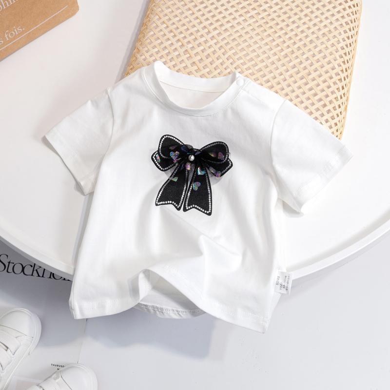 

Girls Summer Thin Short Sleeved Candy Colored Simple Cotton Mesh Bow Children s Short Sleeved Sweet T-shirts Baby Princess Tops 140 білий