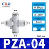 Pneumatic Nylon Air Hose Quick Connect Fittings: PU Straight, PY 5-Way, Cross 4-Way, PZA 3-Way, PE Connector with White/Blue Cap