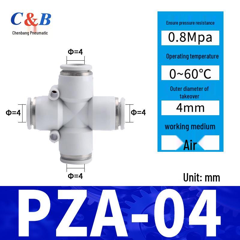 Pneumatic Nylon Air Hose Quick Connect Fittings: PU Straight, PY 5-Way, Cross 4-Way, PZA 3-Way, PE Connector with White/Blue Cap