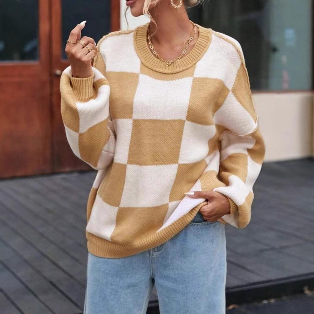 Women's Crew Neck Long Sleeve Knit Top Loose Fit Lazy Casual Sweater Color Block Plaid Pullover Knitwear