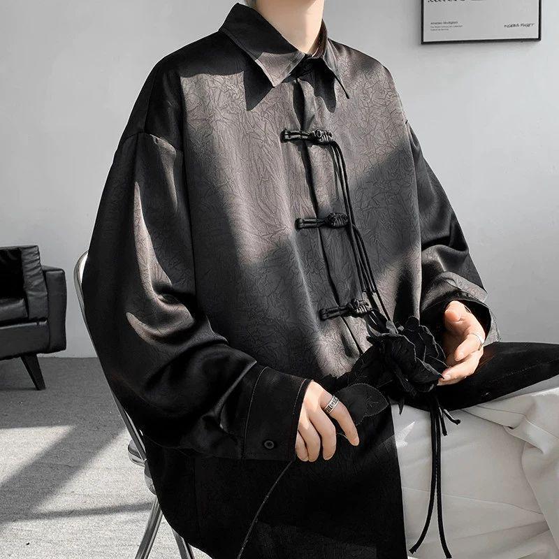 Men's Black Jacquard Shirt with Chinese Pan Kou Design - High-End Unisex Stand Collar