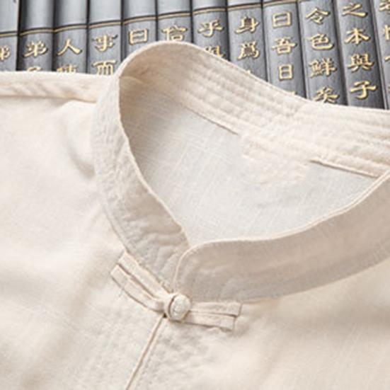 Father Summer Top Solid Color Short Sleeve Buckle Chinese Style Stand Collar Daily Wear Single-breasted Chinese Wear Tai Chi Clothing Male Clothes