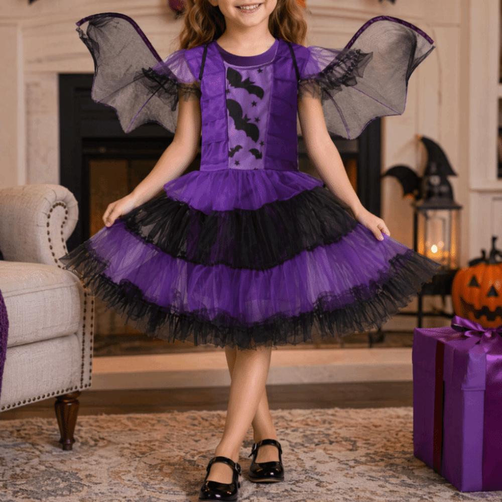Purple Bat Design Demon Costume Wizard Hat Included Role Play Clothes Cosplay Dress  For Girls