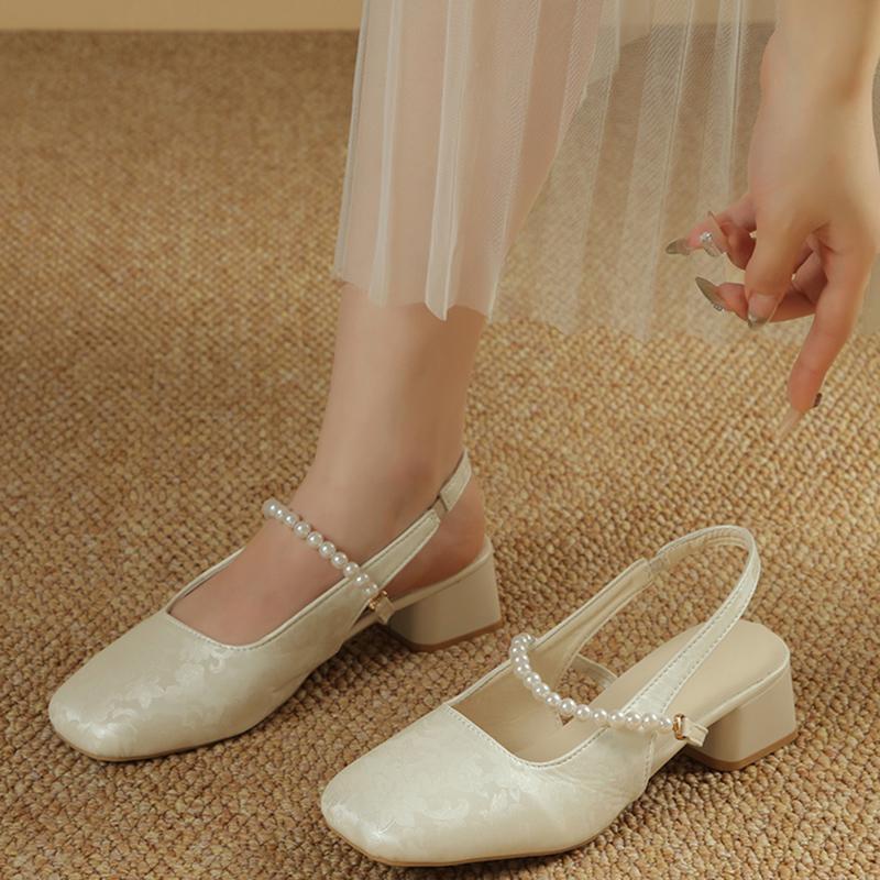 

Модные женские сандалии баотоу, летние новые, с квадратным носком, с мелким вырезом, атласные, с бисером, слипоны, темпераментные туфли на толстом каблуке 42 белый