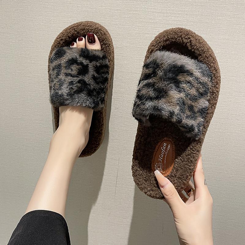 Modă 2024 Vânzare Fierbinte Pantofi de Damă Peep Toe Papuci de Damă Modă Imprimeu Leopard Papuci de Zi cu Zi Femei Noi Papuci Plați de Pluș Scurt