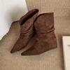 Autumn and winter new small temperament pleated short tube thin boots women's versatile pointed soft leather inner height-increasing short boots