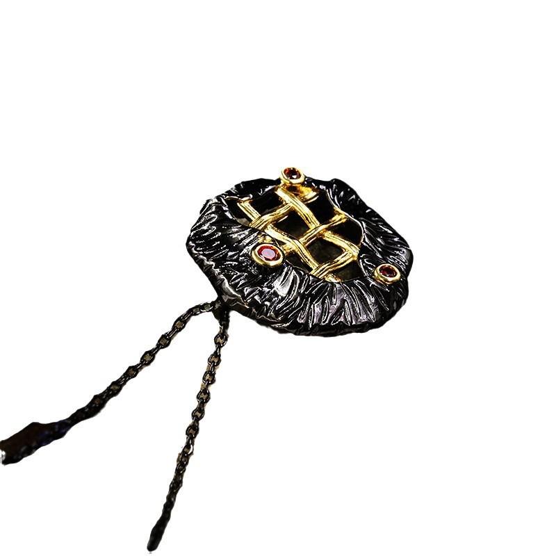 Two-Tone Black Gold Design Lines Ruby Necklace Jewelry Silver Literary Retro