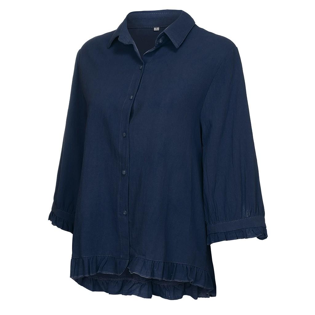 Women's Cotton And Linen Lace Solid Color Button Up Shirt Upper Hem Short Sleeve