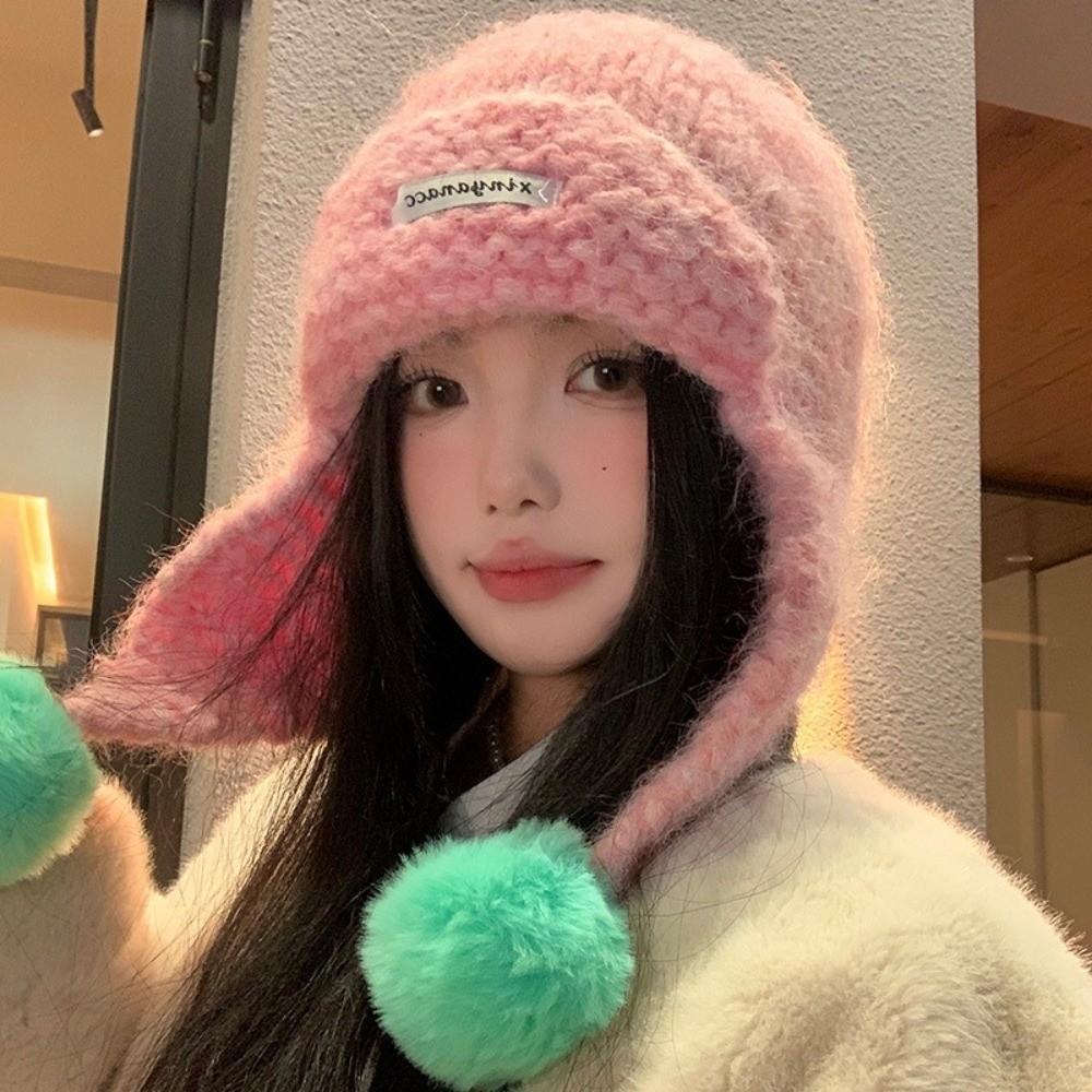 Sweet Women Knitted Cap Fluffy Pom-pom Ear Protection Caps Trendy Warm Beanie Hats  Outdoor