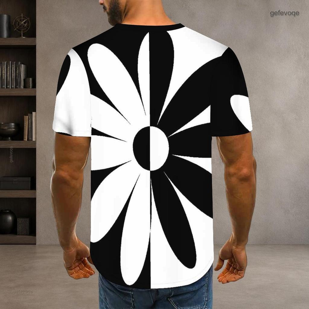 Mens Plus Size T Shirt Round Neck Short Sleeve Abstract Geometric Printed Black White Gray Pullover Straight Hem