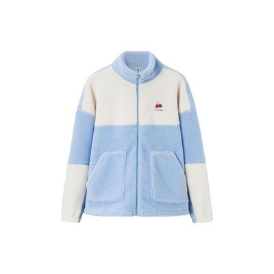 Color Block Letter Zipper Stand Collar Long Sleeve Fleece Jacket Women Jackets Clear-Blue Lotus-White 962348724-3