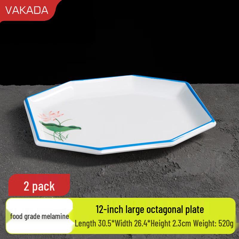 VAKADA Melamine Blue Lotus Octagonal Dinner Plate (2-Pack)