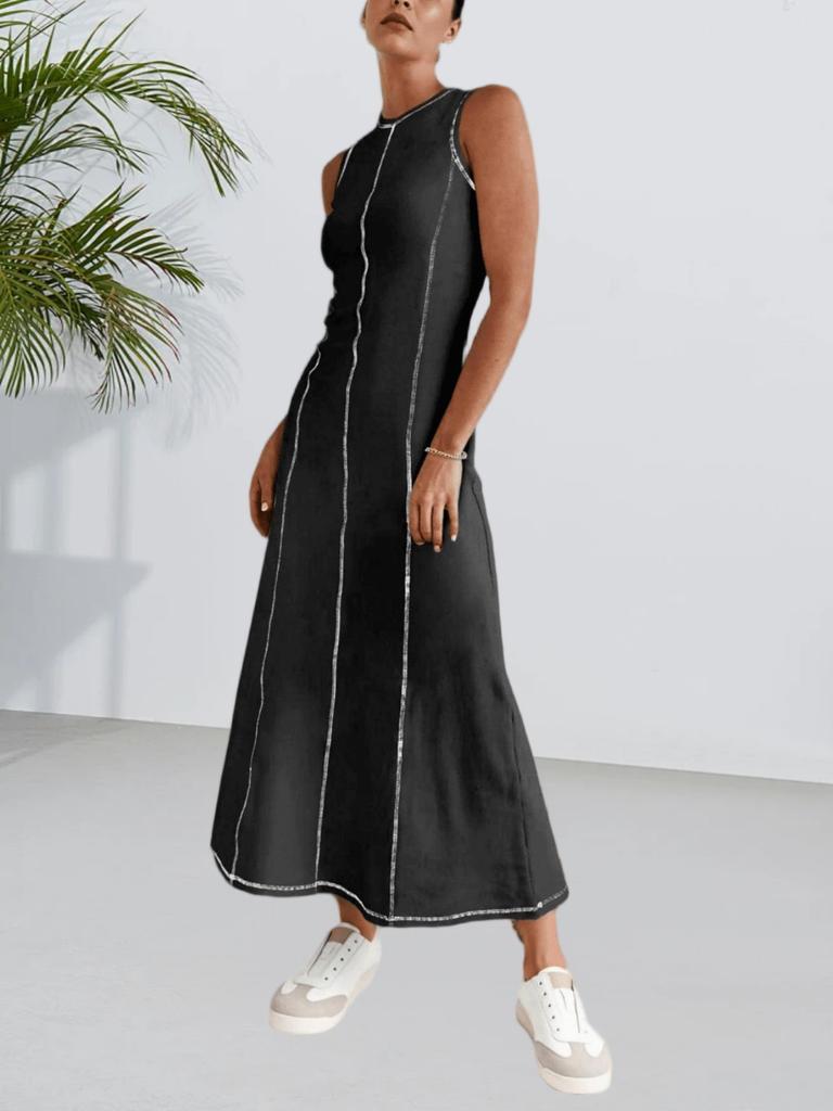 Robe longue d'été décontractée pour femme, à blocs de couleurs, en maille côtelée, sans manches