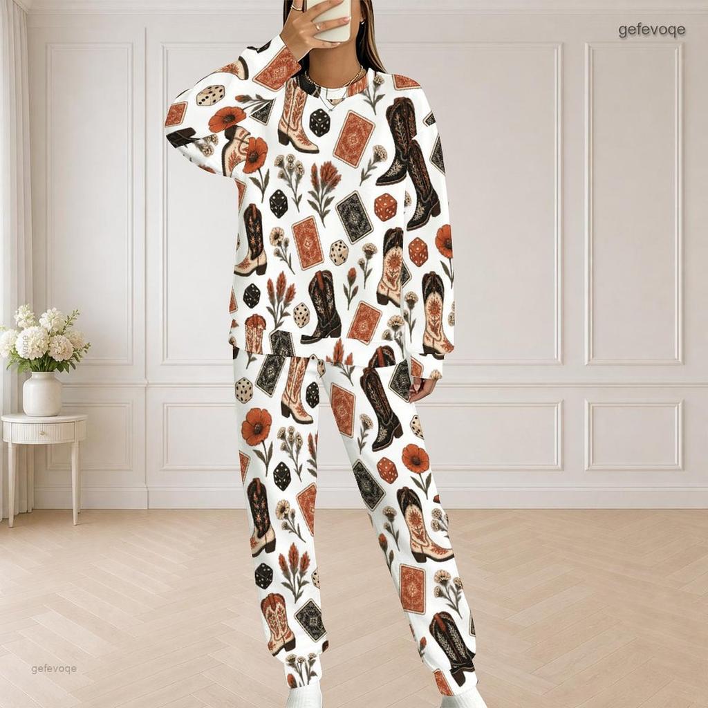 Women Plus Size Printed Two Piece Set Round Neck Long Sleeve Top And Long Pants