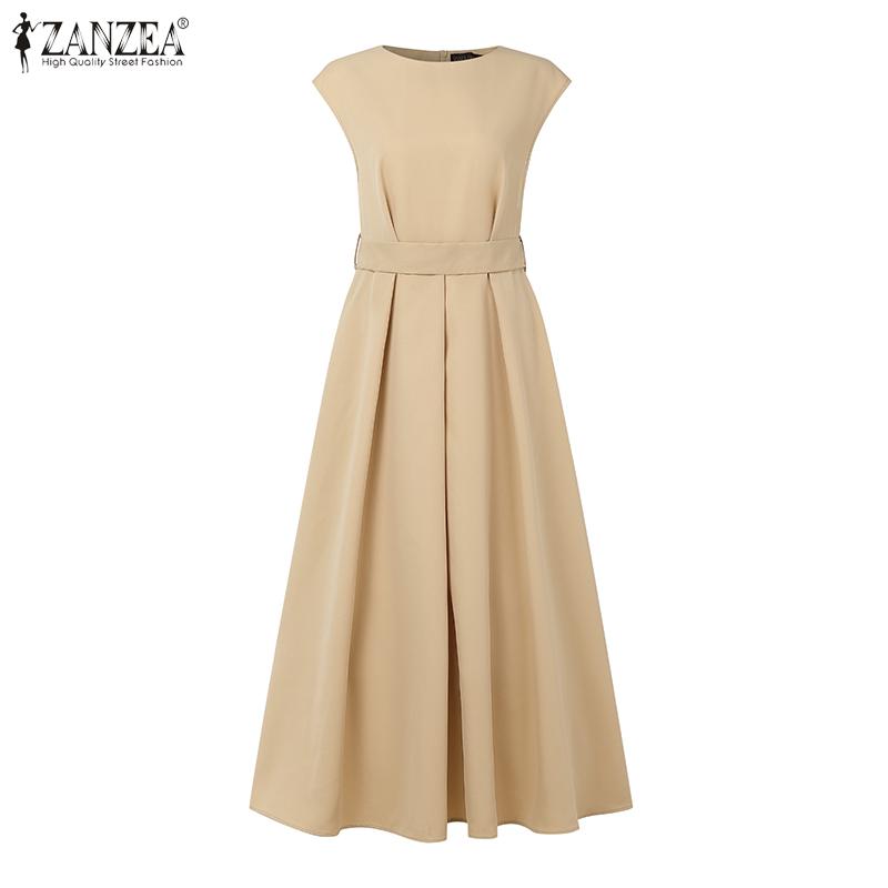 ZANZEA Women Casual Round Neck Summer Sleeveless Long Dress