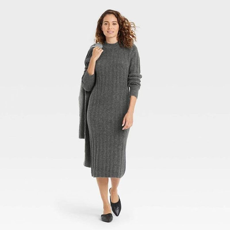 

Sunshine House Autumn and Winter Export European and American plus Size Women s Clothes round Neck Slimming Long Sleeves Dress Sweater Knitted Dress Dark gray Bust size 104
