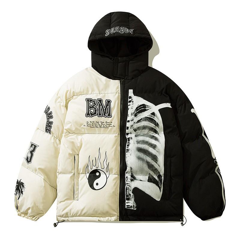Mens Oversized Hooded Cotton Puffer Jacket Streetwear Winter Coat With Print Design
