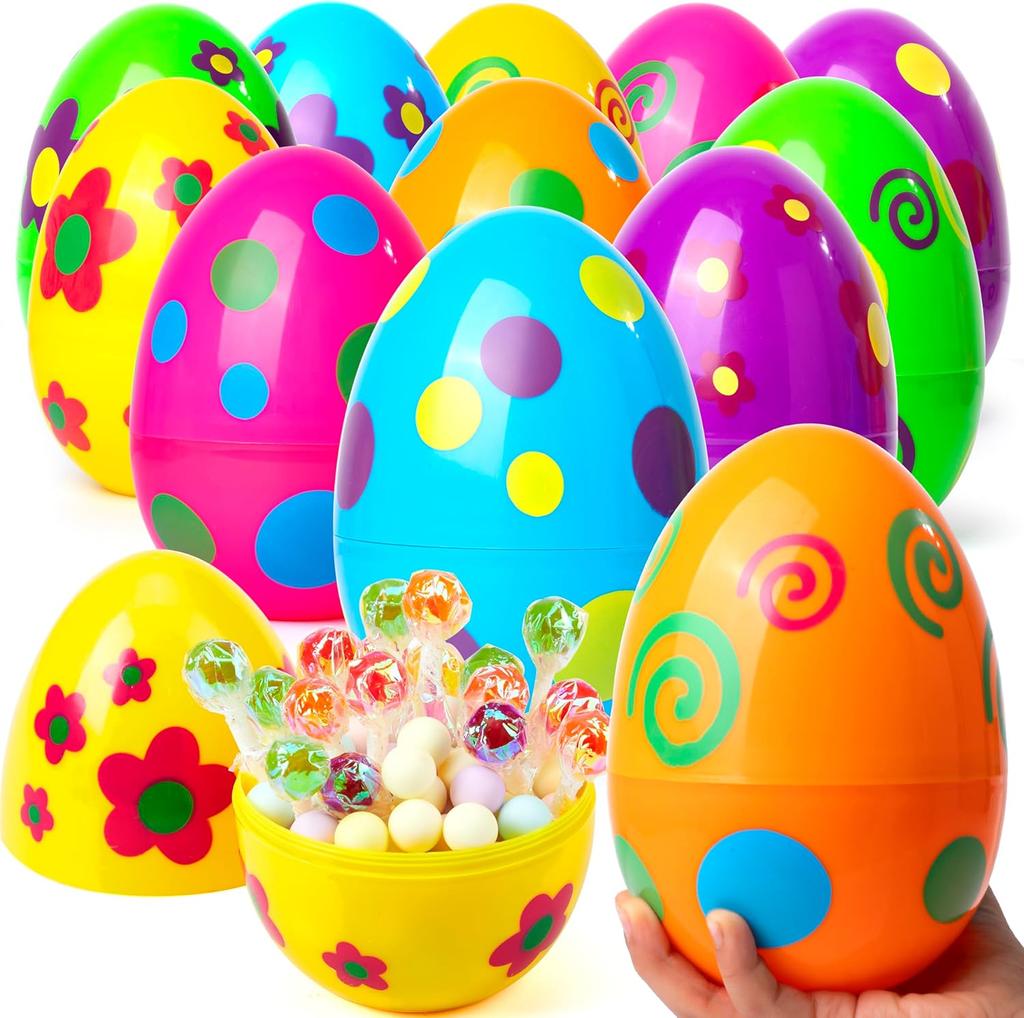 12 ks velkých malovaných velikonočních vajec, 8,7 cm jumbo plastová vejce plnitelná pro velikonoční tematický lov, výplň do košíku, sladkosti, párty dárek