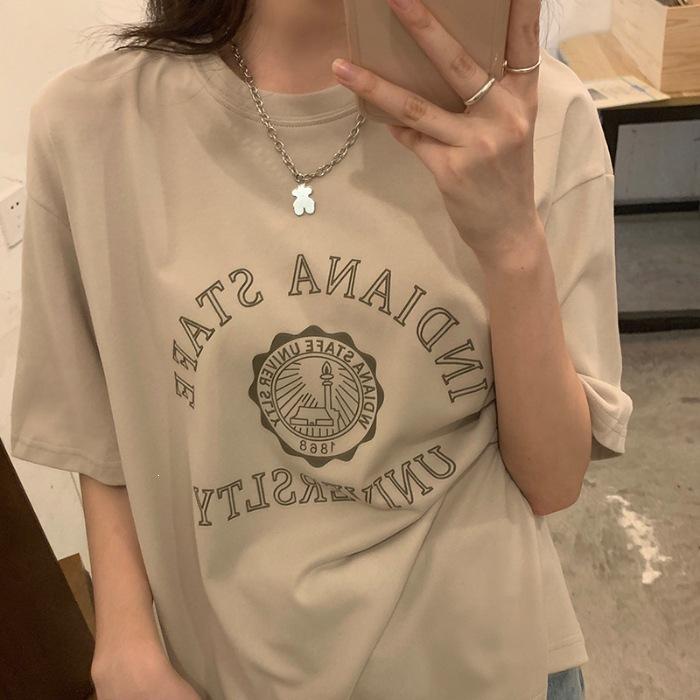

277 #200g pure cotton American retro T-shirt women s spring summer loose and versatile casual round neck top t-shirt trendy brand M легкие хаки
