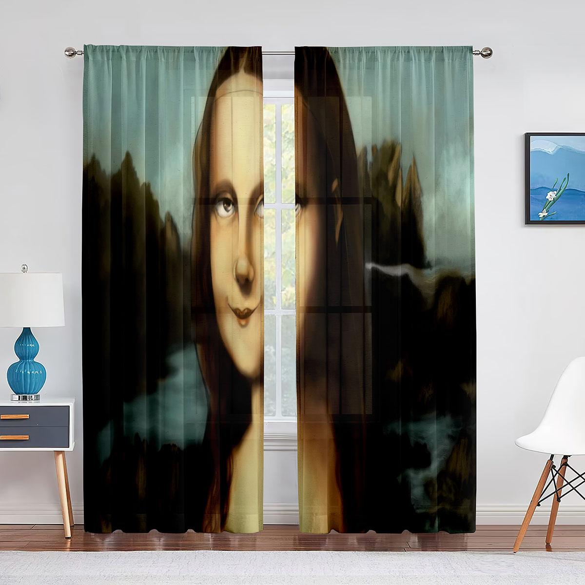 

Тюлевая занавеска с изображением Моны Лизы и забавных котят для спальни, оконная занавеска, роскошный декор для кафе, отеля, прозрачная драпировка для гостиной 1 PCS W100XH250cm&Grommet Top