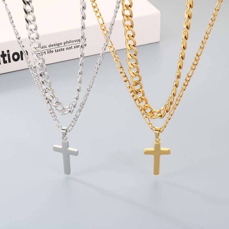 Double-Layer Stainless Steel Cross Pendant Necklaces for Men Metal Chain Religious Design Trendy Jewelry Daily Golden Accessory
