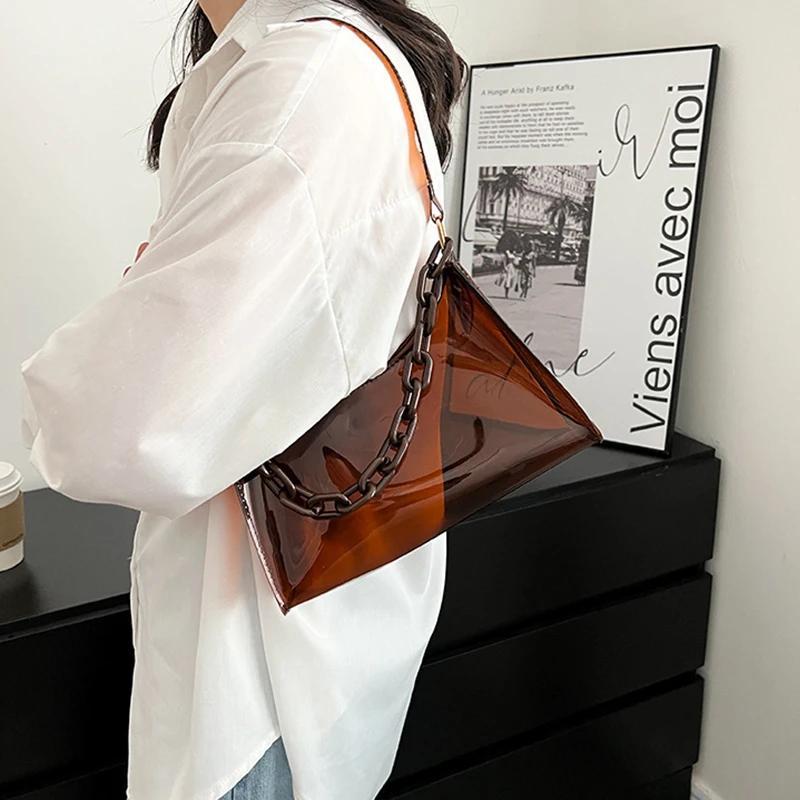 Ladies Jelly Bags Pvc Solid Color Clear Bag Underarm Bags Casual Women Summer Handbags Purse Cell Phone Shoulder Bag