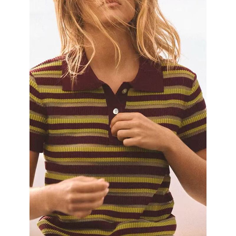 Za2025 Spring New Women clothes All-Match Striped Knitted Polo Shirt Collar Short sleeve Top 9598032 104