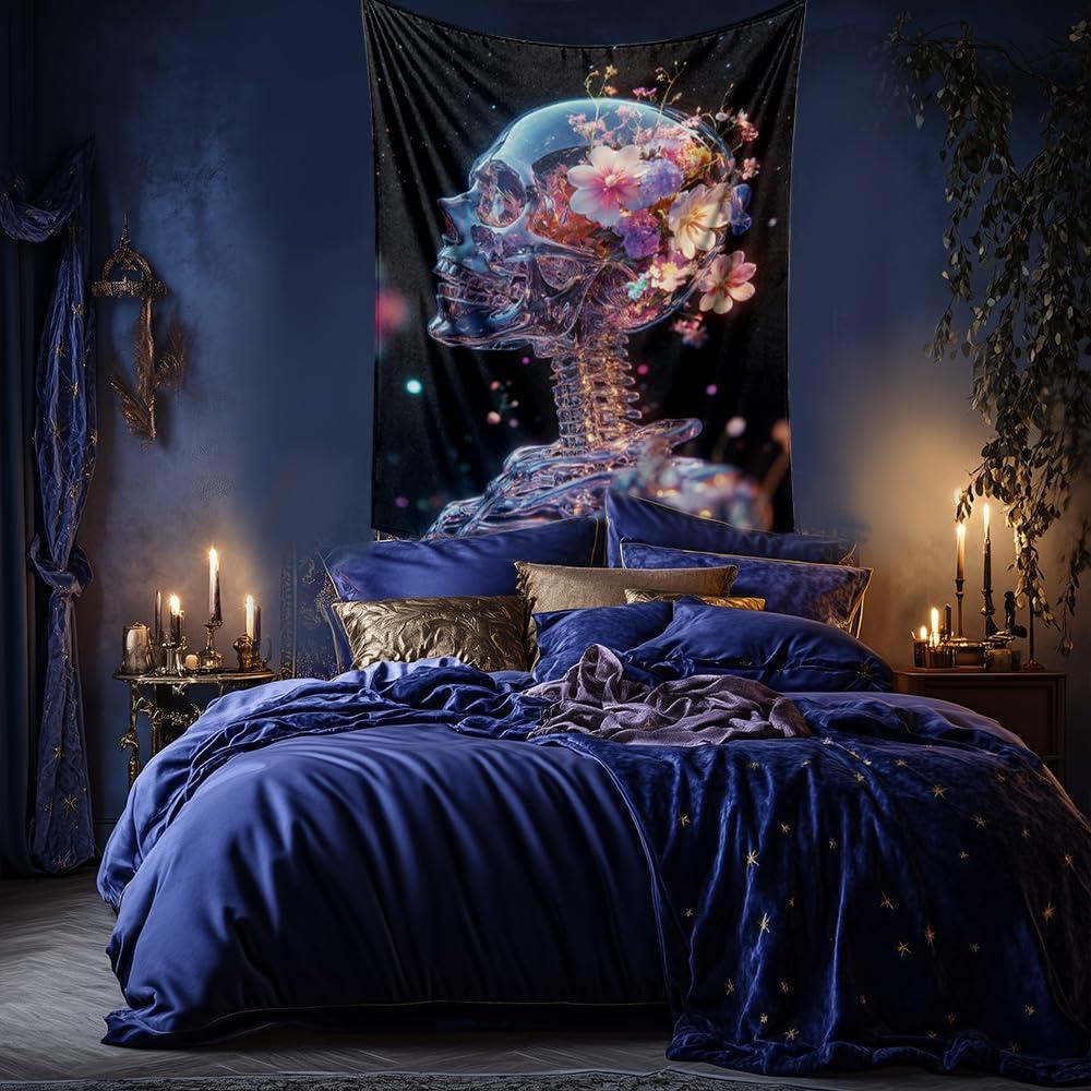 VIKAMA Crystal Skull Tapestry Starry Sky with Floral Motifs Inside the Skull Bedroom Wall Hanging Living Room Dormitory Decor