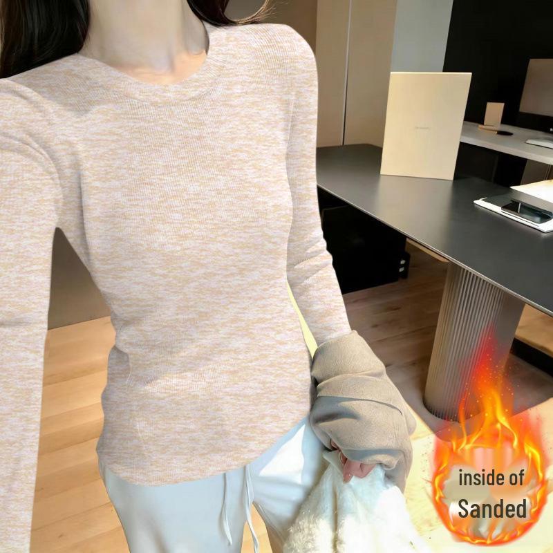 Women's Double-Sided Brushed Knit Base Layer Top - Solid Colors, Stylish Round Neck for 2026 Spring/Autumn