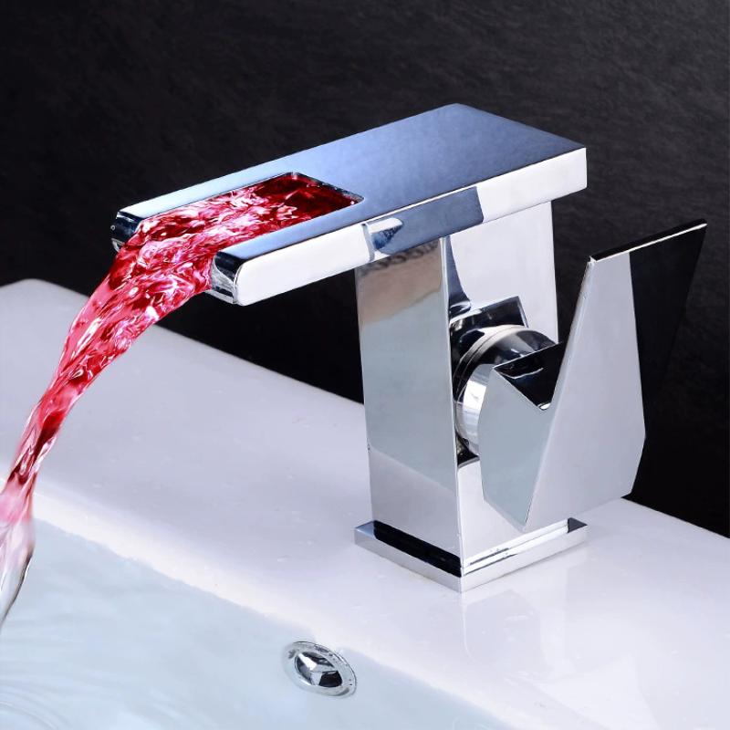 LED Basin Faucet Hot and Cold Square Basin Faucet Brass Waterfall Crane Sink Faucet Single Handle Water Tap
