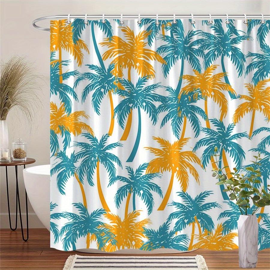 1pc Tropical Palm Tree Shower Curtain - White, Teal and Orange Digital Print, Polyester Fabric, Machine Washable 90X180cm